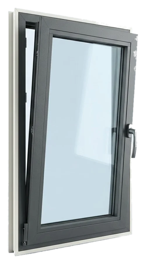 Rendu d’une fenêtre aluminium oscillo-battante entrebâillée par le haut, teinte anthracite