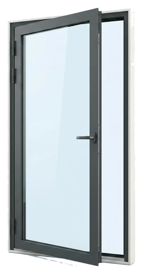 Rendu d’une porte-fenêtre aluminium à un vantail battant, teinte anthracite