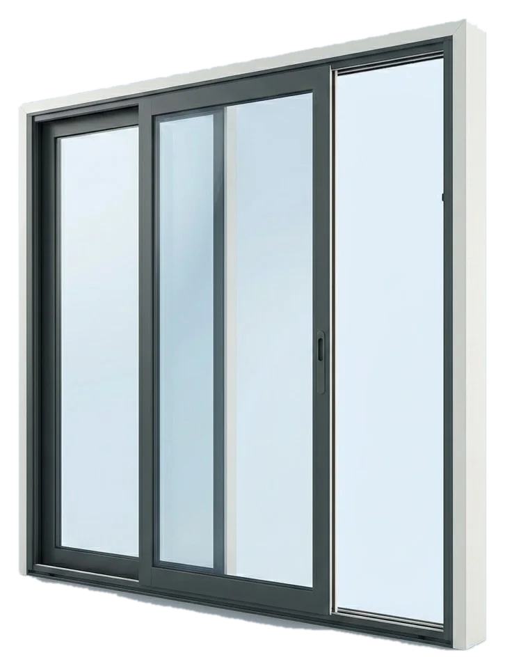 Rendu d’une porte-fenêtre aluminium coulissante à deux vantaux qui se recouvrent, teinte anthracite