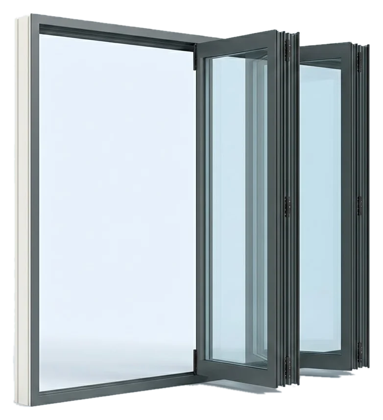 Rendu d’une baie vitrée aluminium accordéon, vantaux repliés en soufflet sur le côté, teinte anthracite