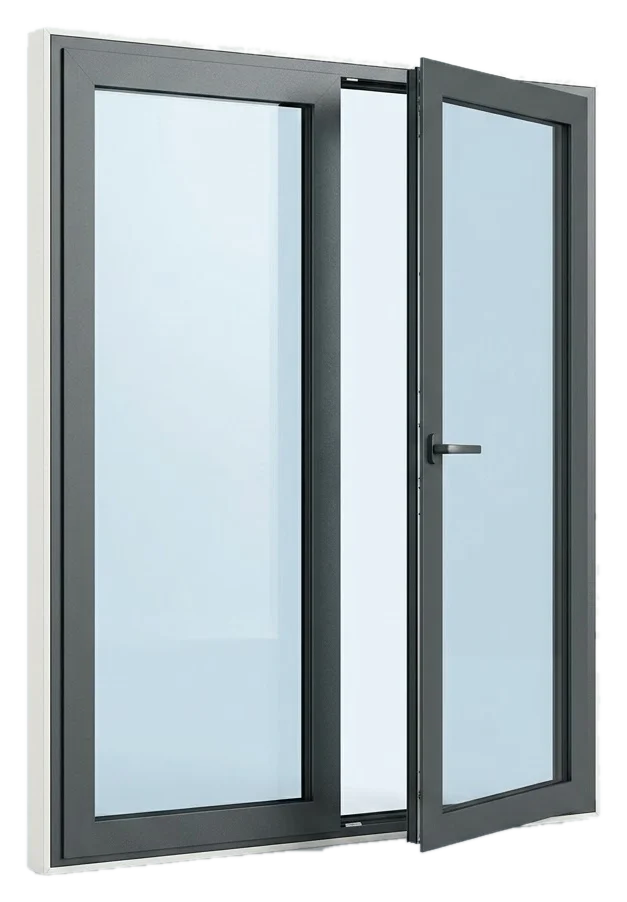 Rendu d’une porte-fenêtre aluminium à deux vantaux battants séparés par un meneau, teinte anthracite