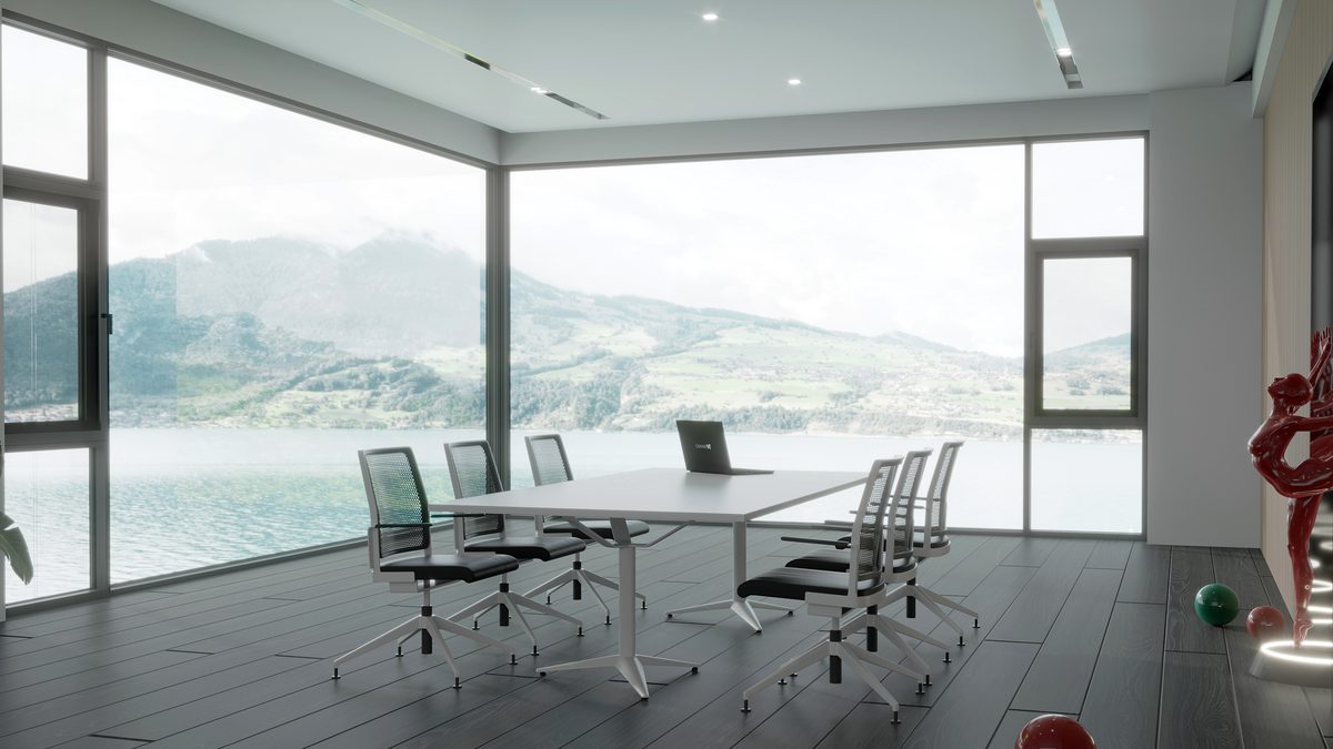 Intérieur lumineux avec fenêtres aluminium blanches