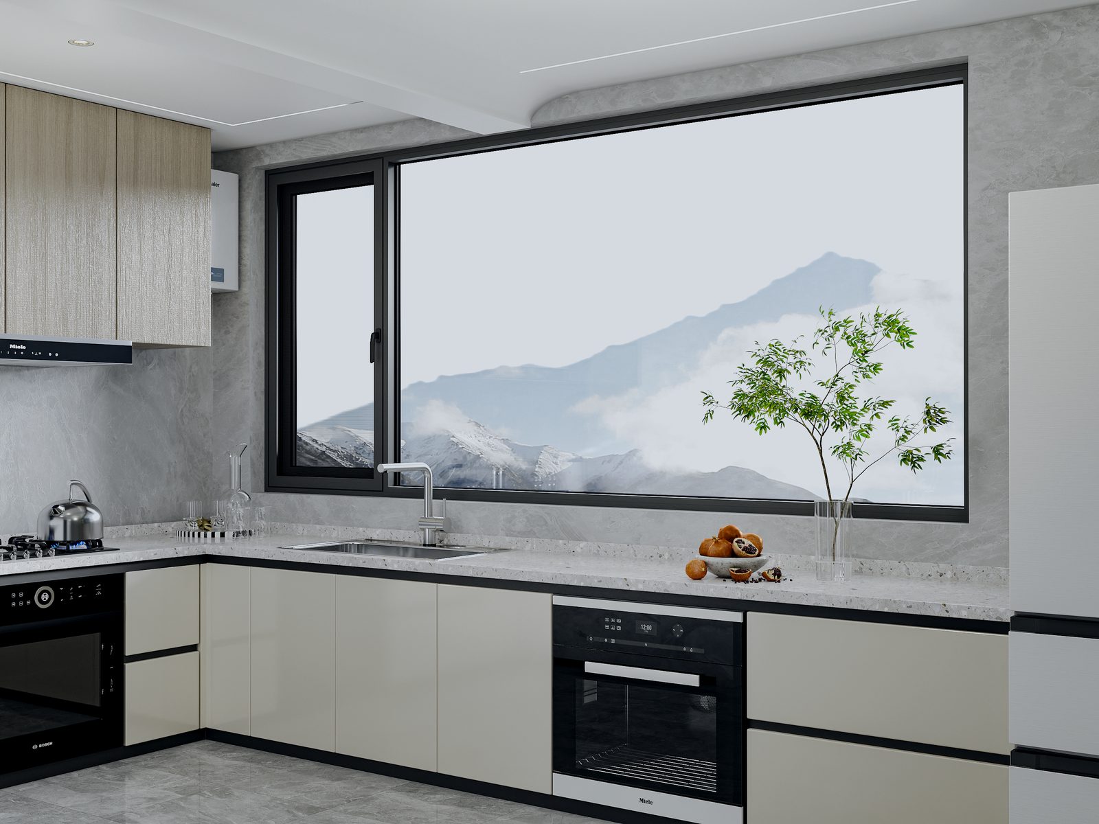 Fenêtre aluminium de cuisine ouvrant sur un paysage de montagne
